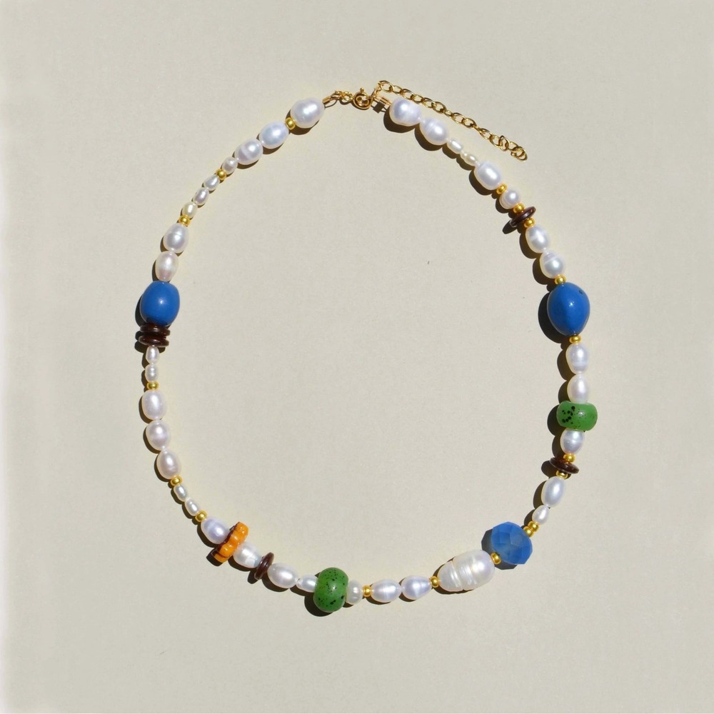 Handmade pearl treasure trove necklace by Gem Blue Boho Glass Stone Bead Choker